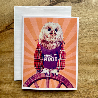 Young at Hoot Owl funny quirky birthday card