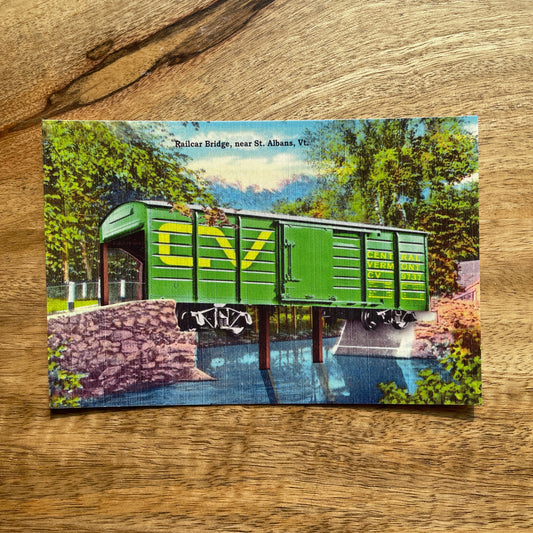 Railcar Bridge funny Vermont train postcard