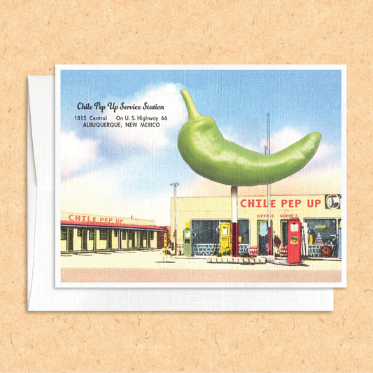 New Mexico Chile Pep Up Service Station funny greeting card