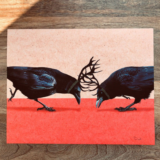 Crow Fight funny quirky bird art print