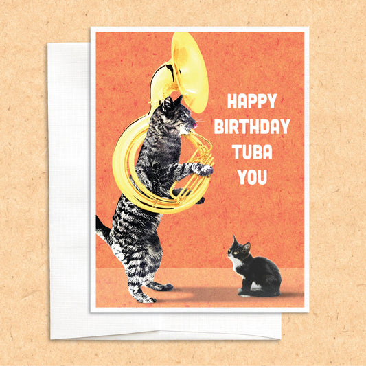 Cat with Kitten Tuba birthday funny greeting card